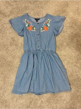 Girls Lucky Brand Light Blue Dress with Orange Floral Embroidery Size Medium